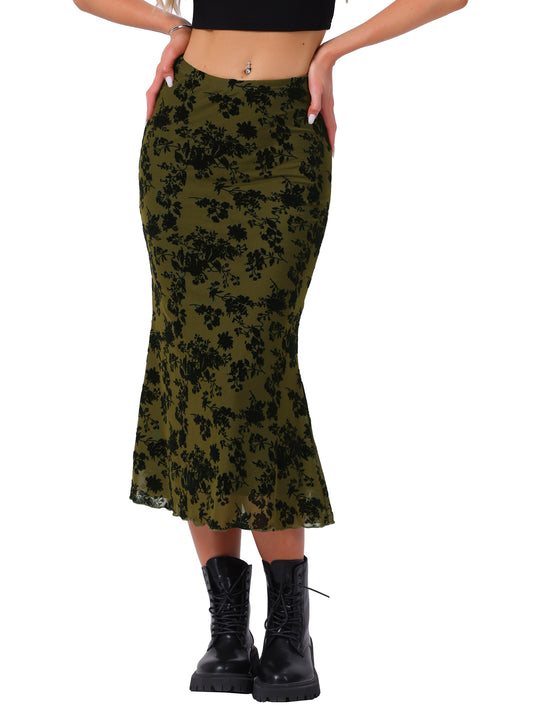 Women's Elastic High Waist Mesh Fishtail Floral Midi Skirt