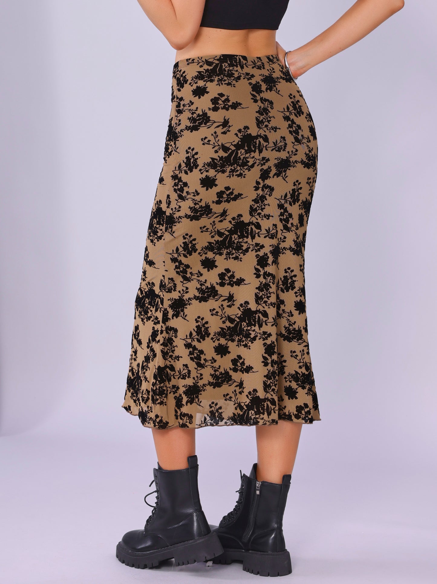 Women's Elastic High Waist Mesh Fishtail Floral Midi Skirt