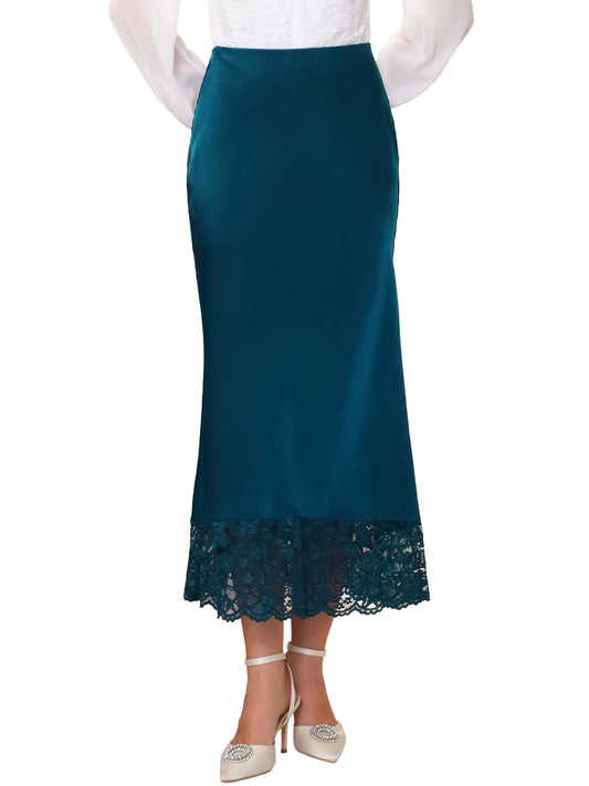 Women's Satin Skirt Formal Lace Trim High Waist Cocktail Evening Bodycon Long Maxi Skirt