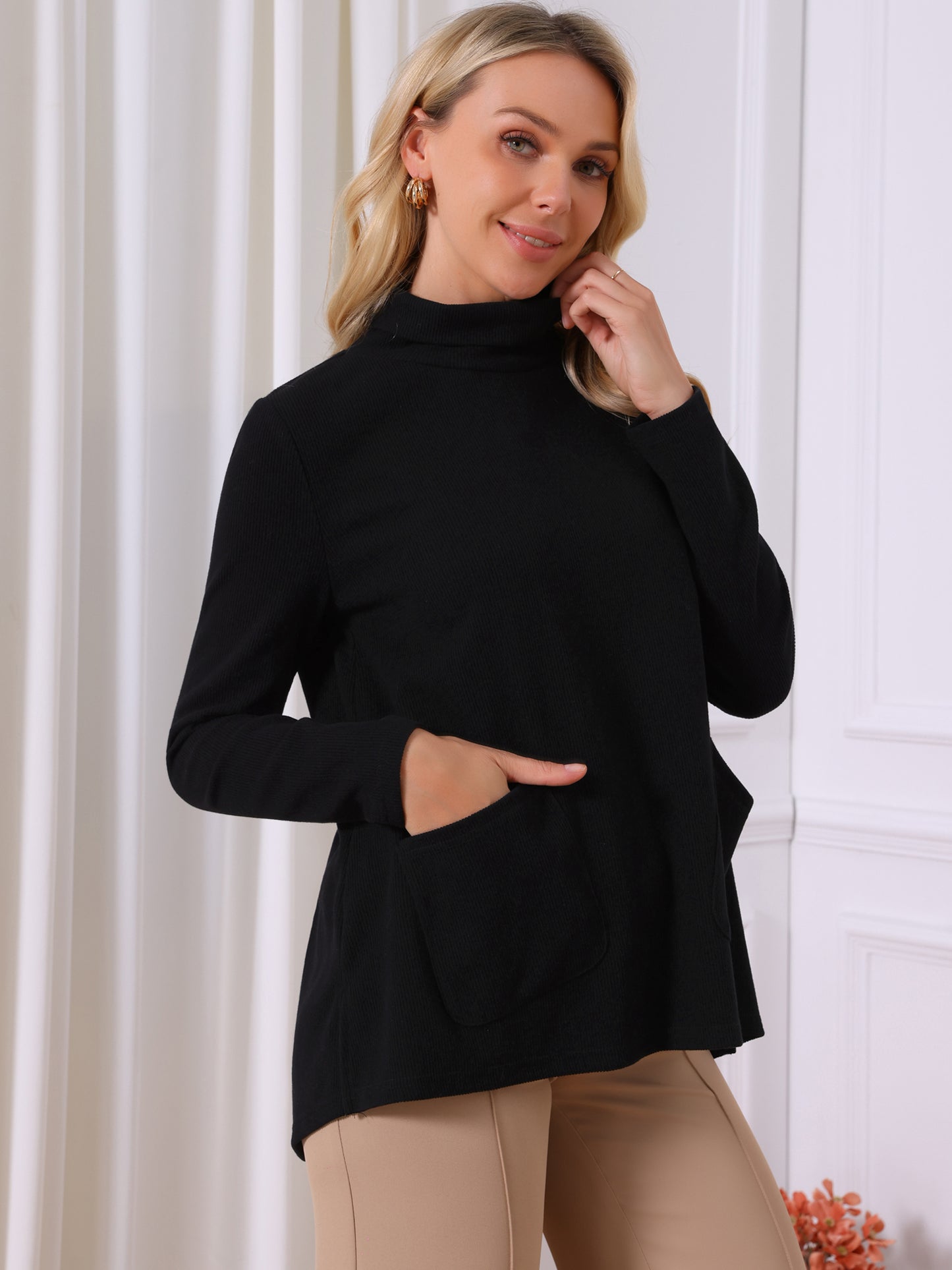 Women's Knit Pocket Pullover Turtleneck Fall Winter Long Sleeve Casual Sweater Tops