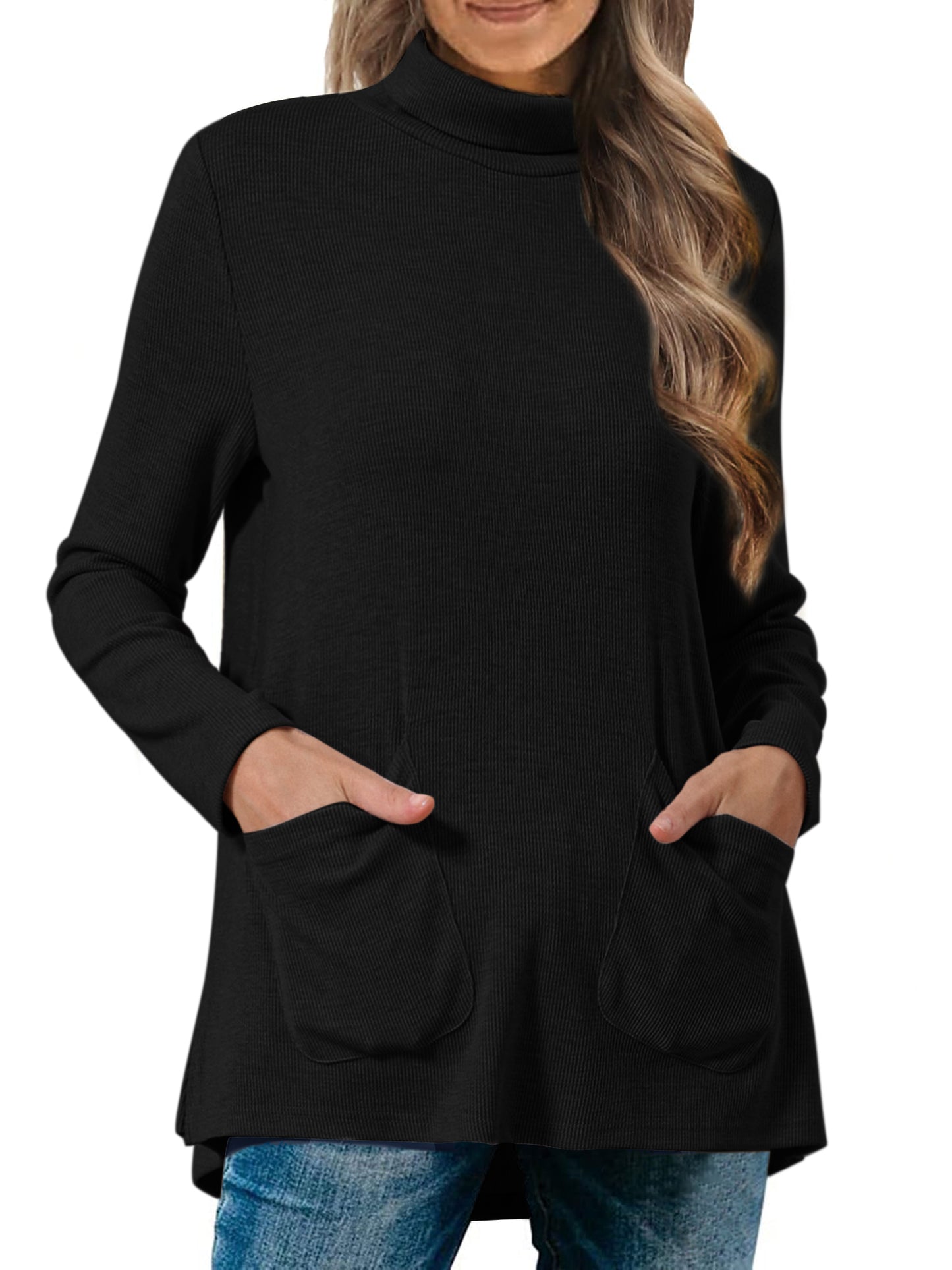 Women's Knit Pocket Pullover Turtleneck Fall Winter Long Sleeve Casual Sweater Tops