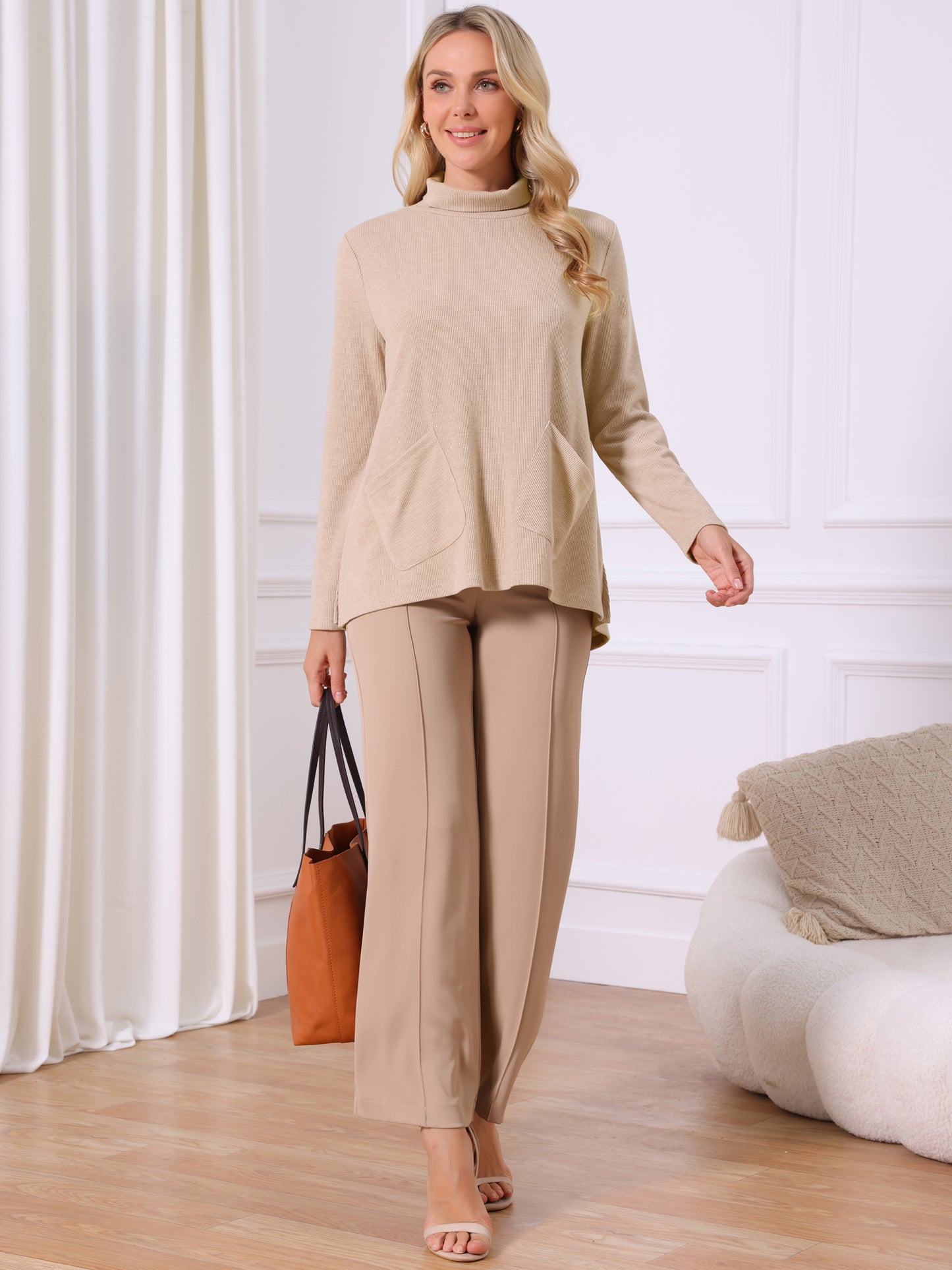 Women's Knit Pocket Pullover Turtleneck Fall Winter Long Sleeve Casual Sweater Tops