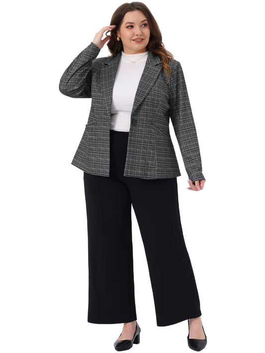Blazers de talla grande para mujer, estilo informal de negocios, a cuadros, con solapa con muescas, manga larga, botones y bolsillos