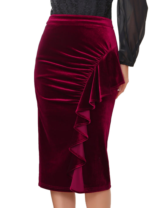 Women's Velvet Ruched High Waist Bodycon Formal Evening Cocktail Midi Pencil Skirt