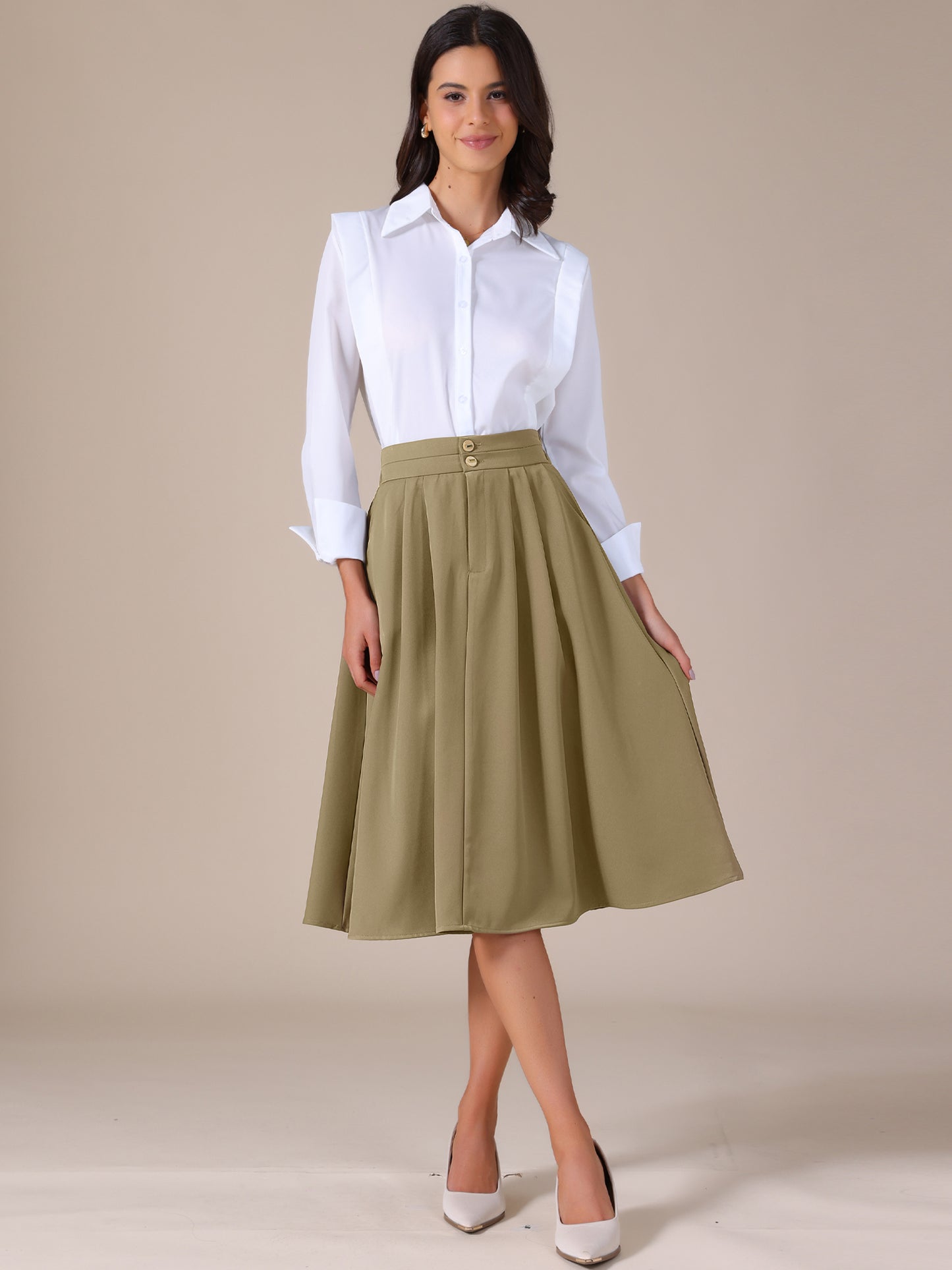 Women's High Waisted Flowy A-Line Casual Midi Skirt with Pockets