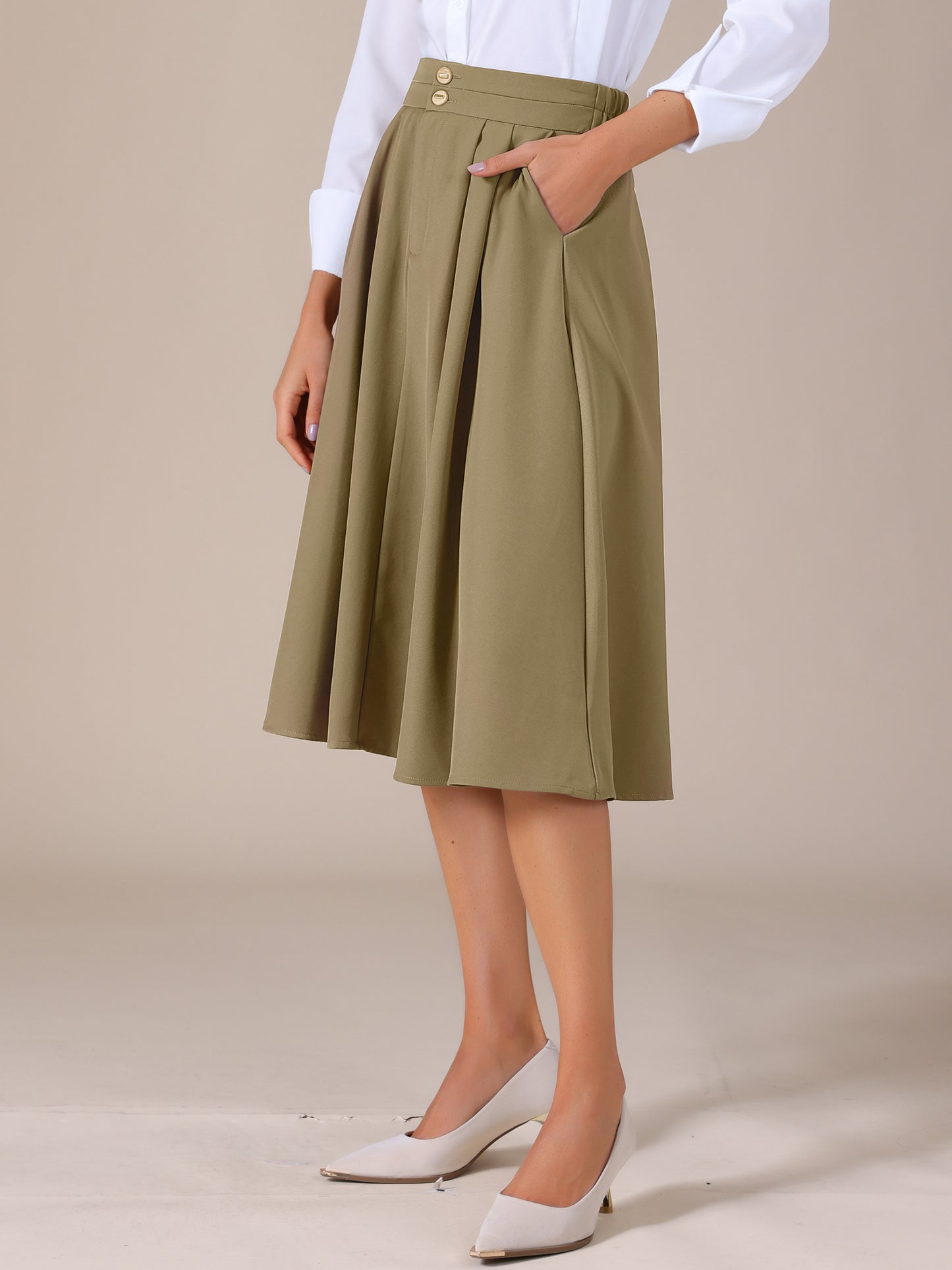 Women's High Waisted Flowy A-Line Casual Midi Skirt with Pockets
