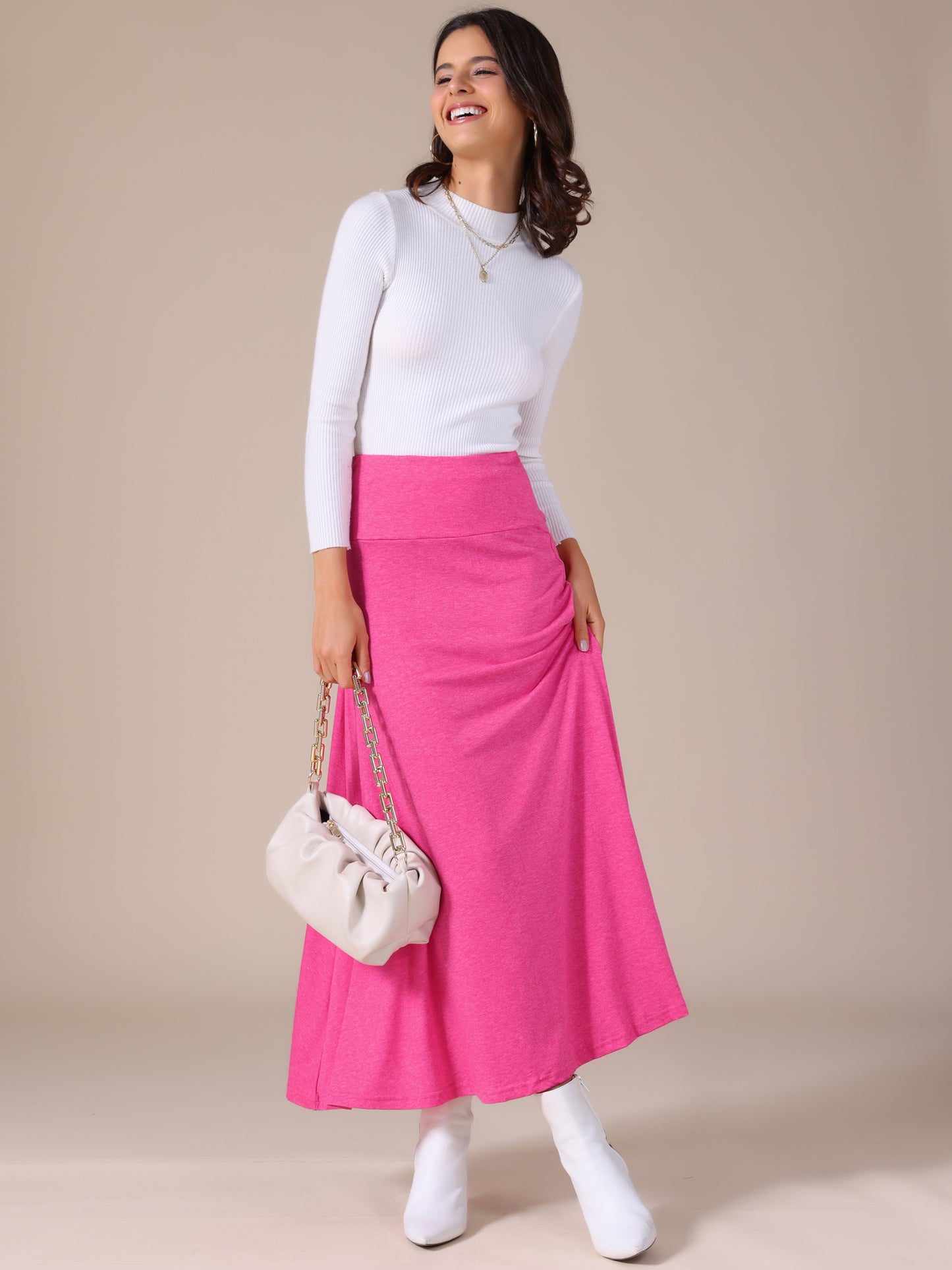Women's High Waisted Solid Color Lightweight Flowy Flare Maxi Skirt