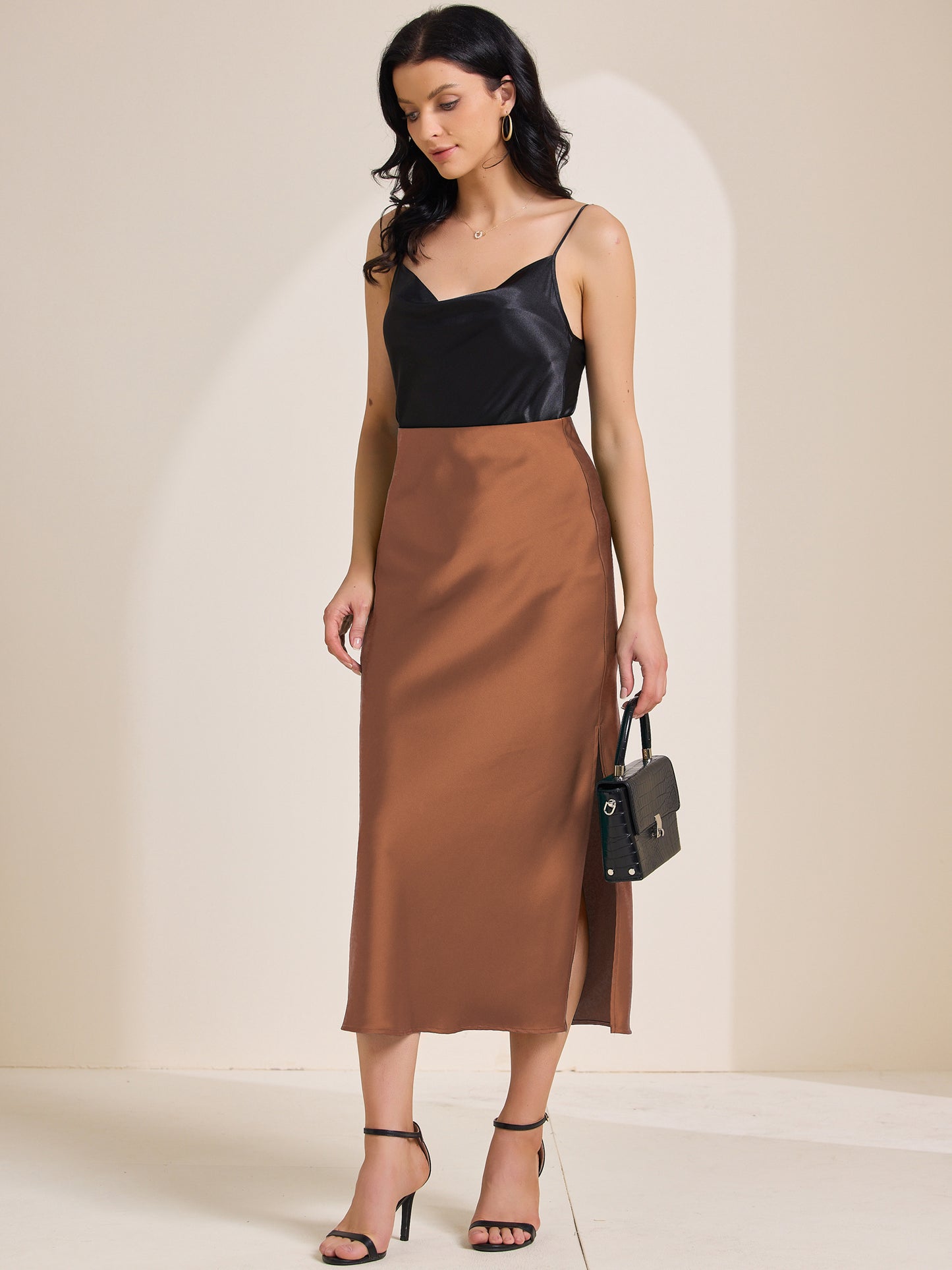 Women's Satin Elastic High Waist Side Slit Elegant Flowy Maxi Skirt