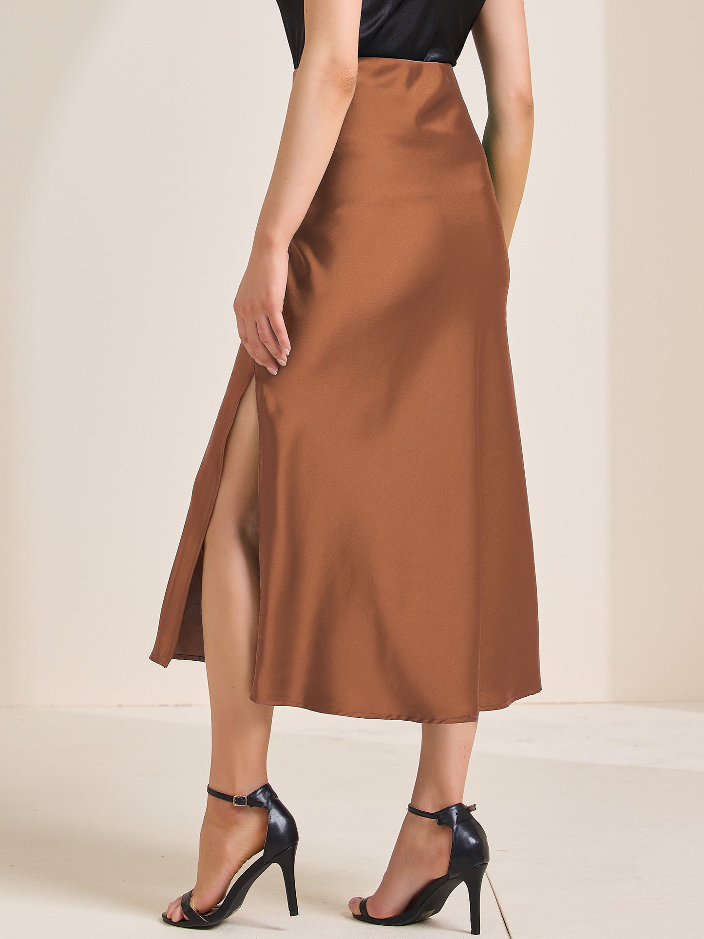 Women's Satin Elastic High Waist Side Slit Elegant Flowy Maxi Skirt