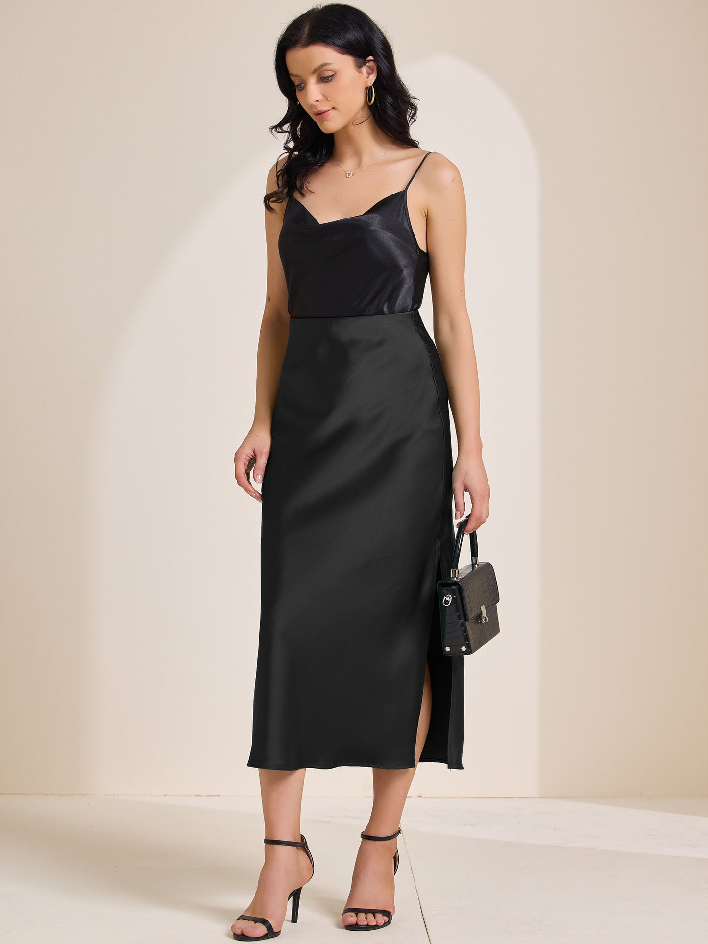 Women's Satin Elastic High Waist Side Slit Elegant Flowy Maxi Skirt