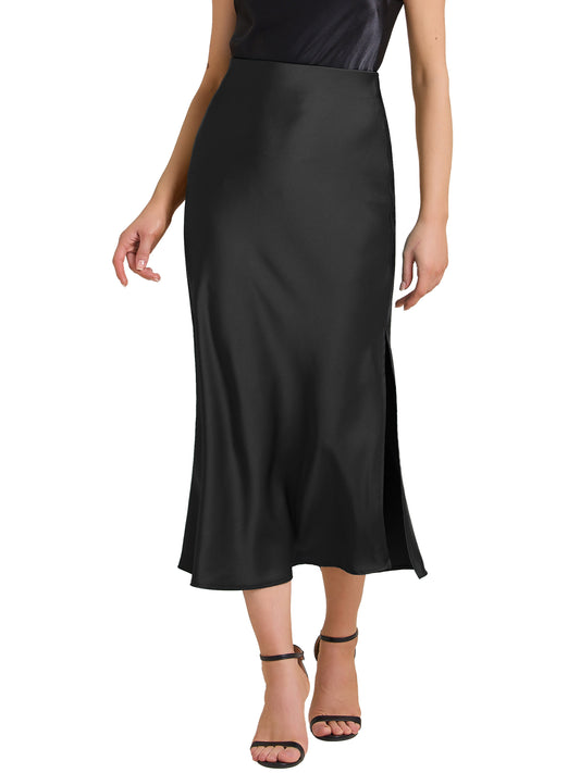 Women's Satin Elastic High Waist Side Slit Elegant Flowy Maxi Skirt