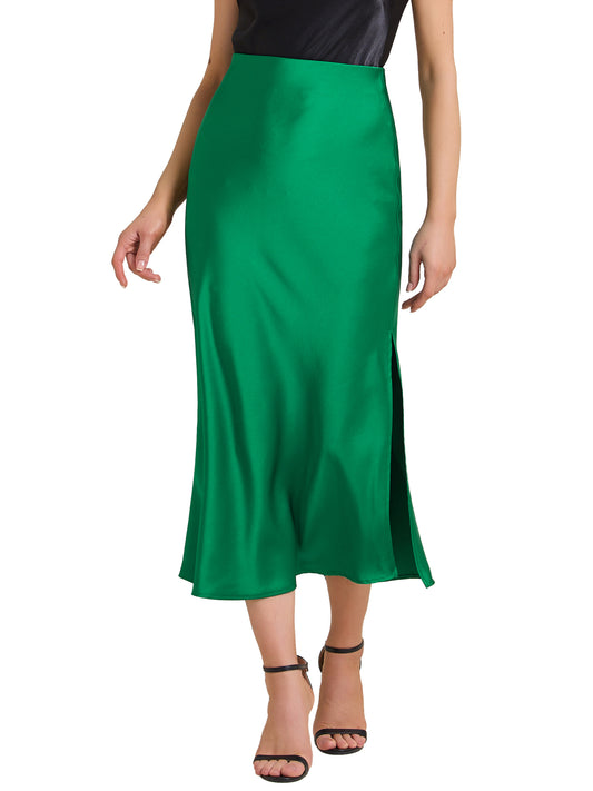 Women's Satin Elastic High Waist Side Slit Elegant Flowy Maxi Skirt