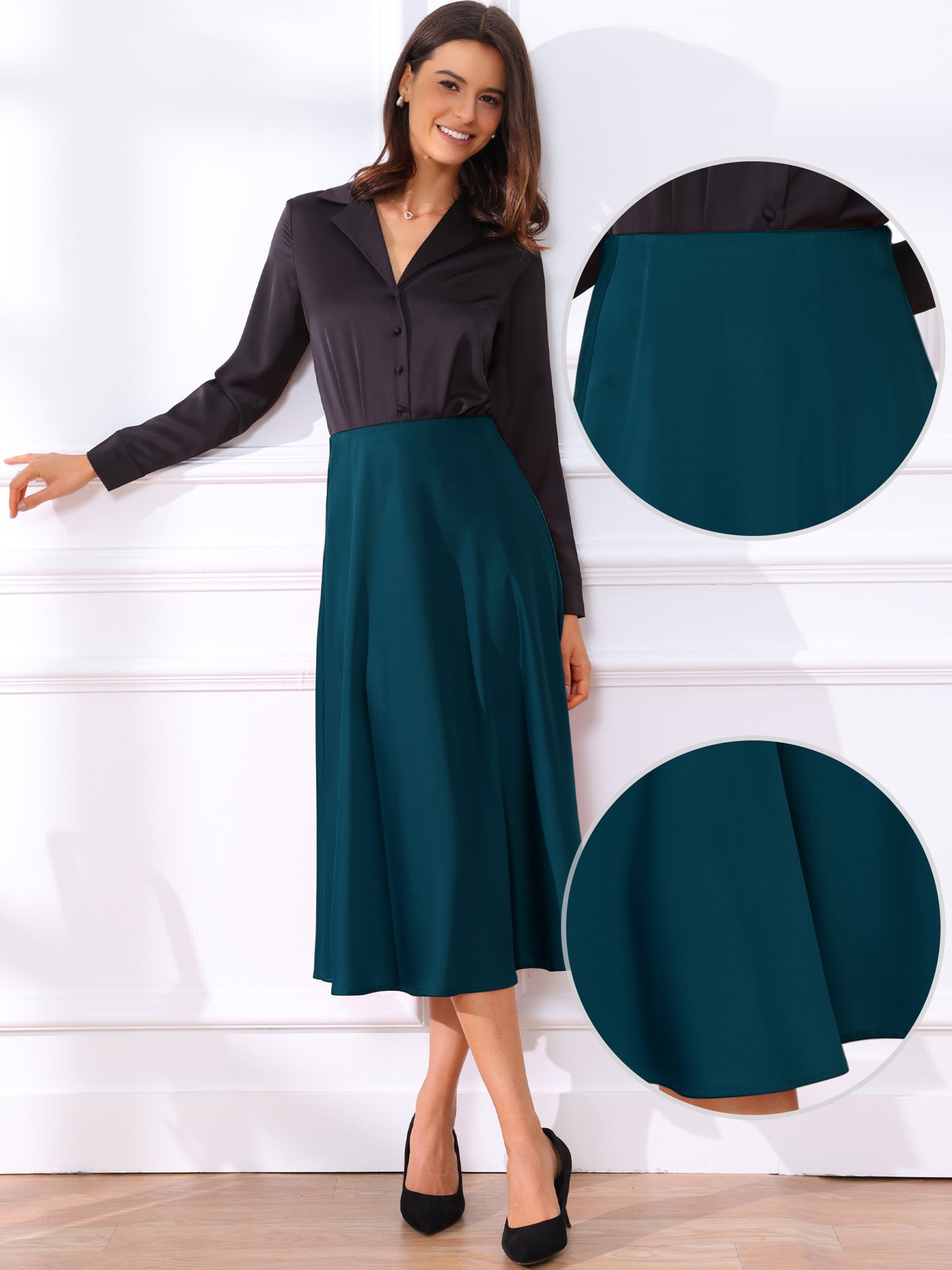 Women's High Waist A-Line Elastic Waistband Flared Satin Midi Skirt
