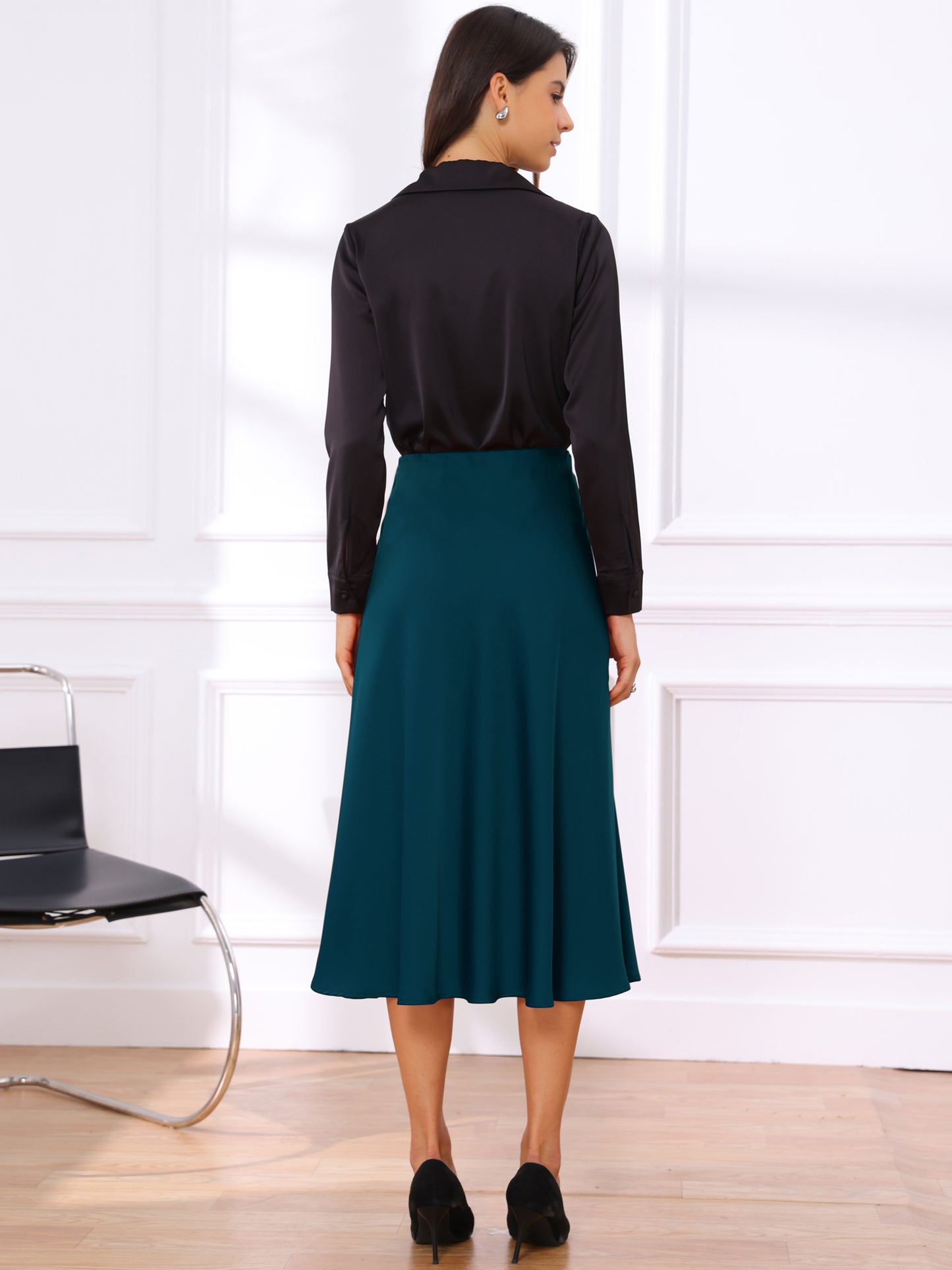 Women's High Waist A-Line Elastic Waistband Flared Satin Midi Skirt