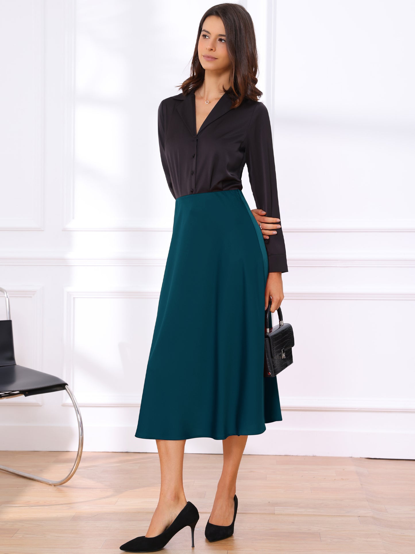 Women's High Waist A-Line Elastic Waistband Flared Satin Midi Skirt