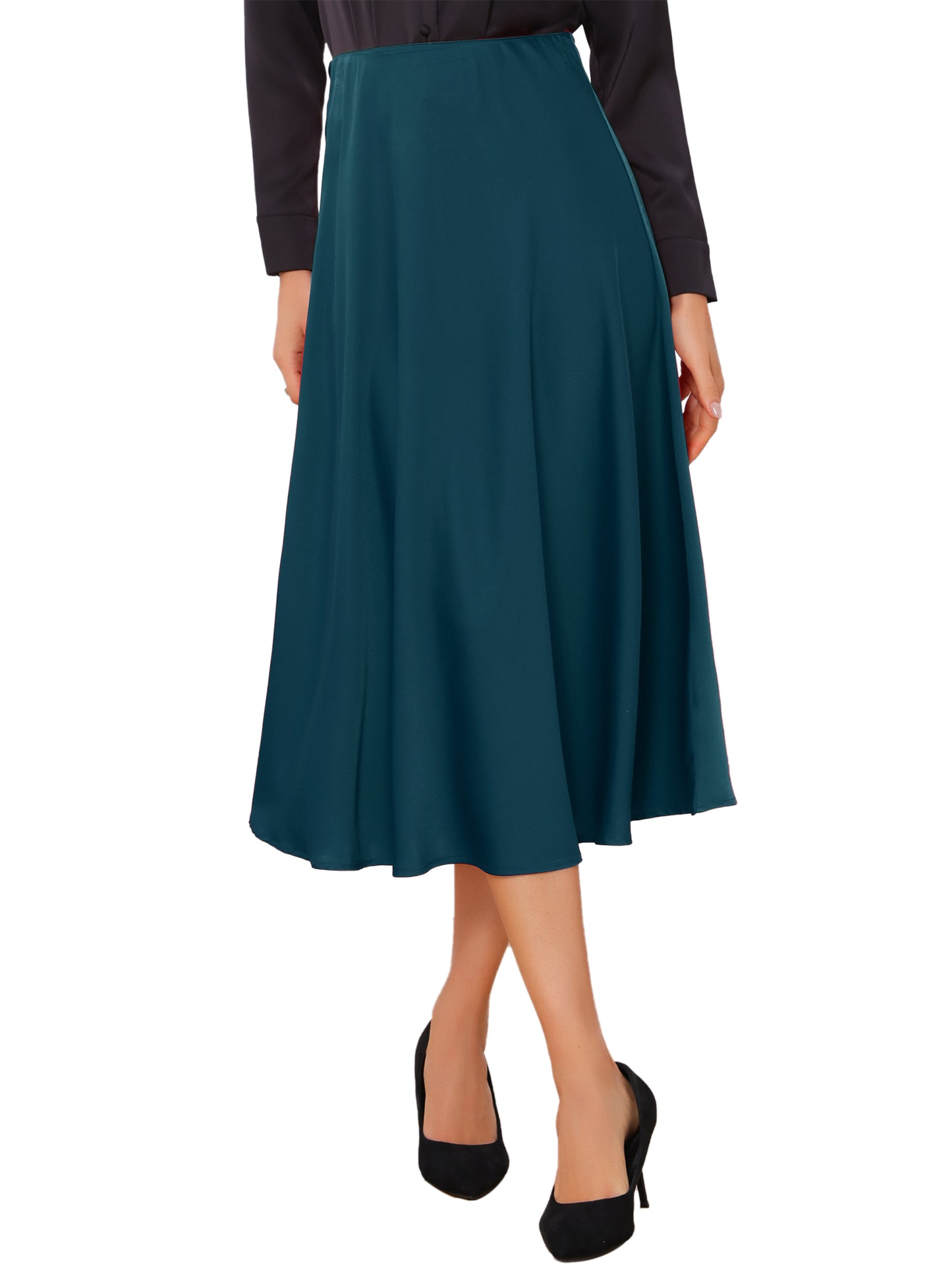 Women's High Waist A-Line Elastic Waistband Flared Satin Midi Skirt
