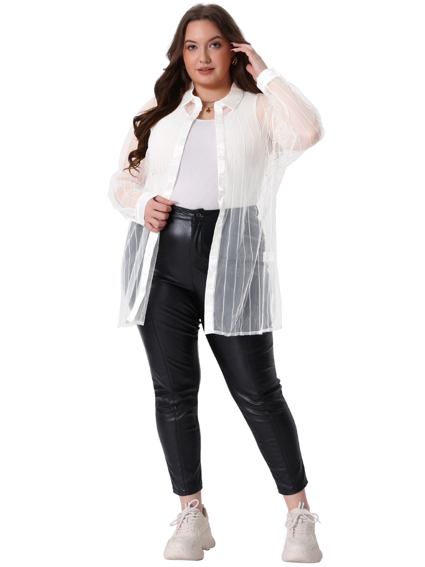 Women Plus Size Shirt Mesh Sheer Long Sleeve Button Down See Through Top