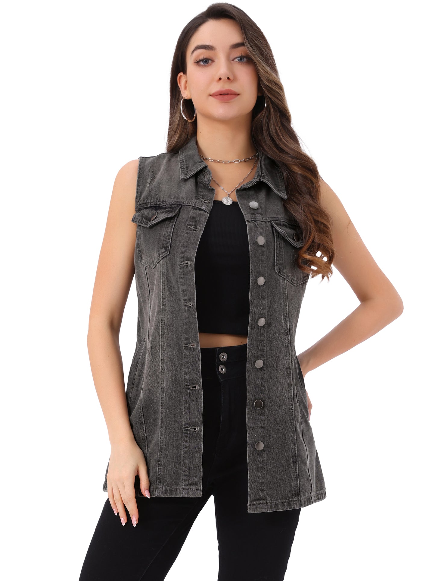 Women's Sleeveless Button Down Waistcoat Casual Long Denim Vest (Available in Plus Size)