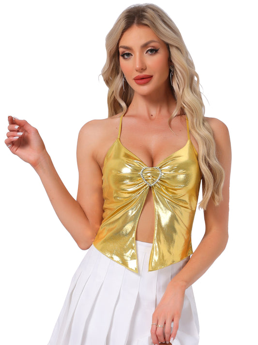 Women's Metallic Backless Cami Asymmetrical Spaghetti Straps Halter Sparkle Top