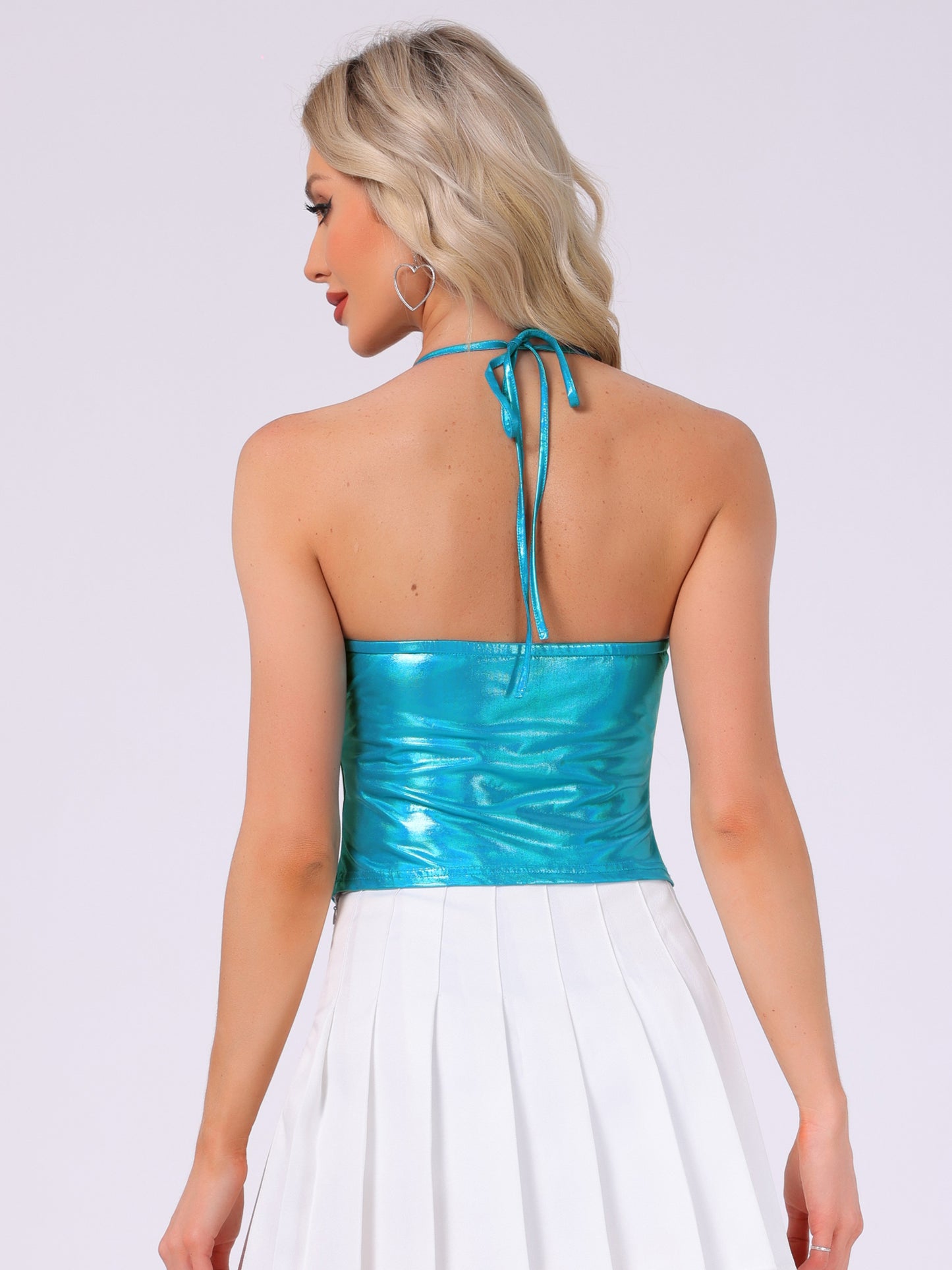 Women's Metallic Backless Cami Asymmetrical Spaghetti Straps Halter Sparkle Top