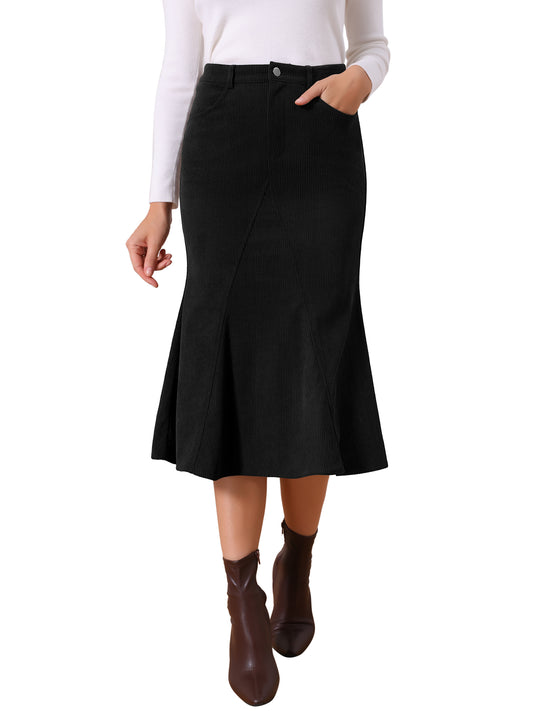Women's Corduroy High Waist Button Front Fishtail Skirt Midi Winter Skirt