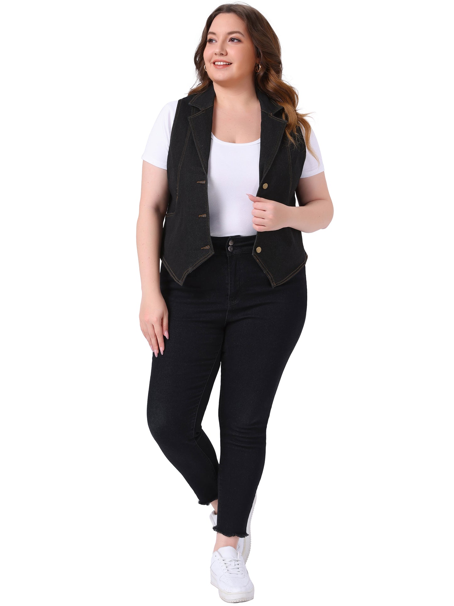 Women Plus Size Denim Vest Lapel Sleeveless Casual Waistcoat Jean Vest Jacket