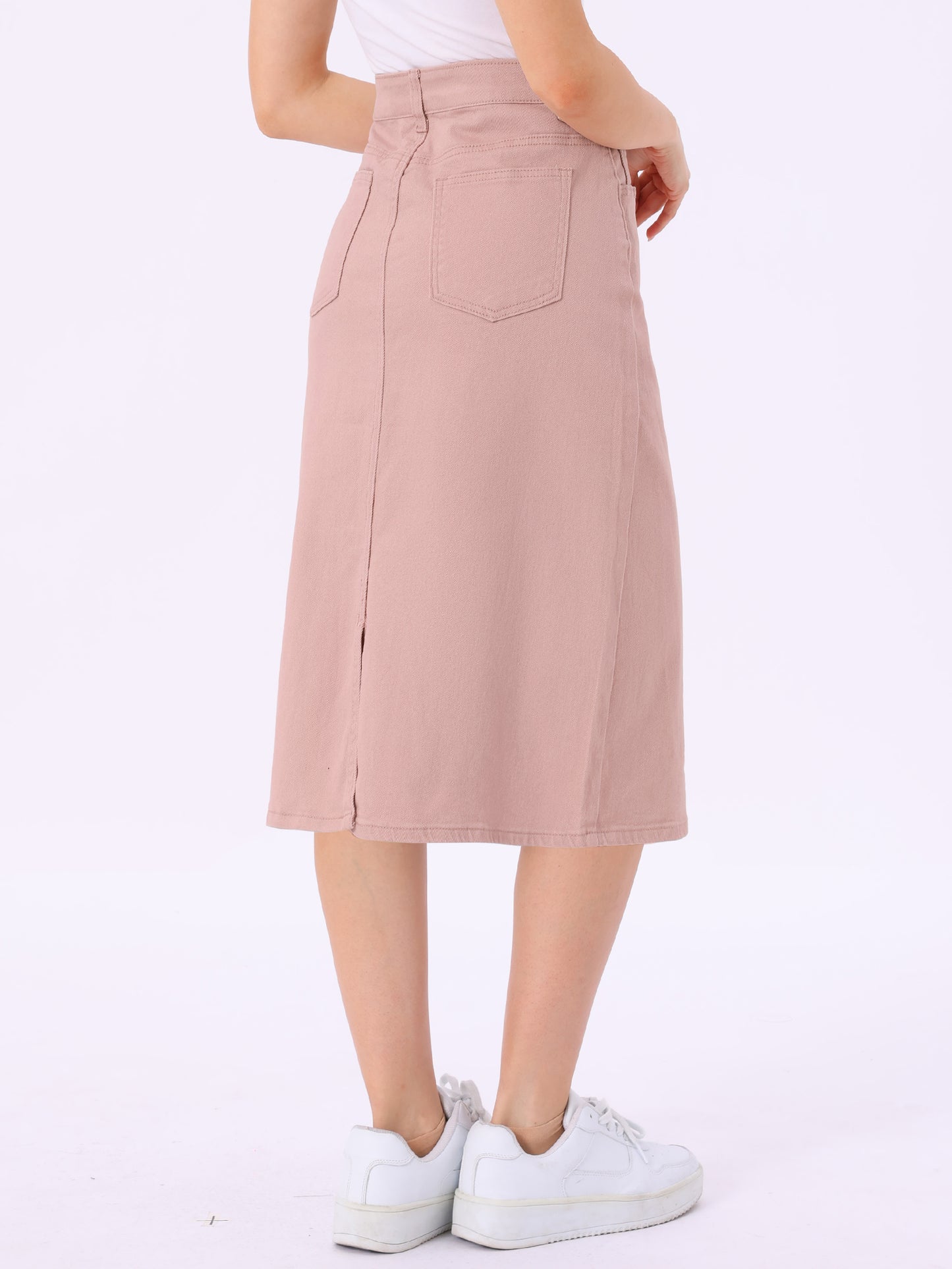 Falda vaquera informal para mujer, cintura alta, bolsillos traseros abiertos, falda vaquera midi