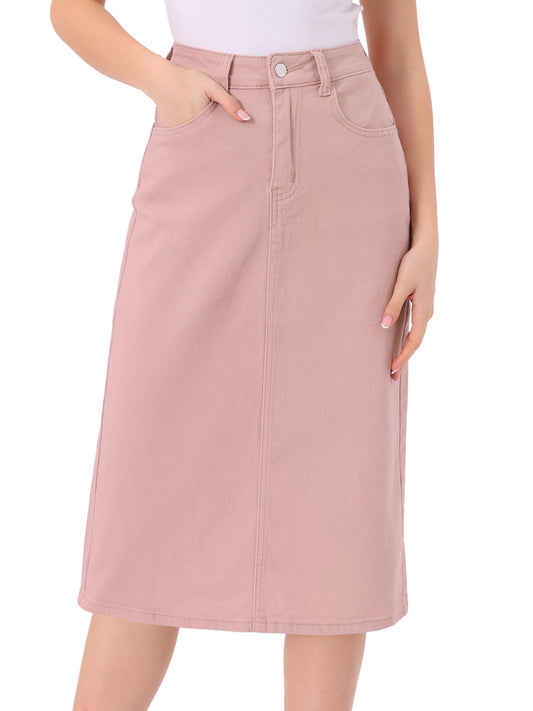 Women's Casual Denim Skirt High Waist Split Back Pockets Midi Jean Skirt