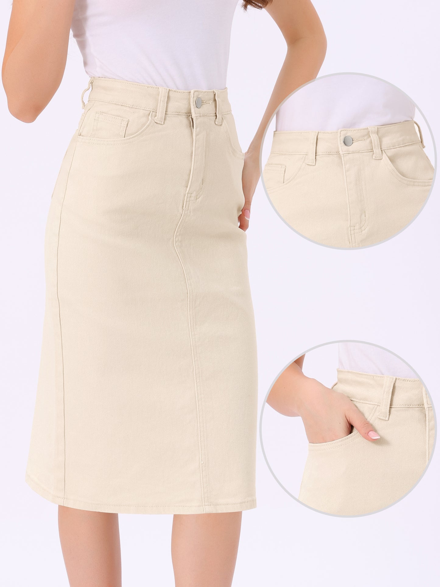 Women's Casual Denim Skirt High Waist Split Back Pockets Midi Jean Skirt