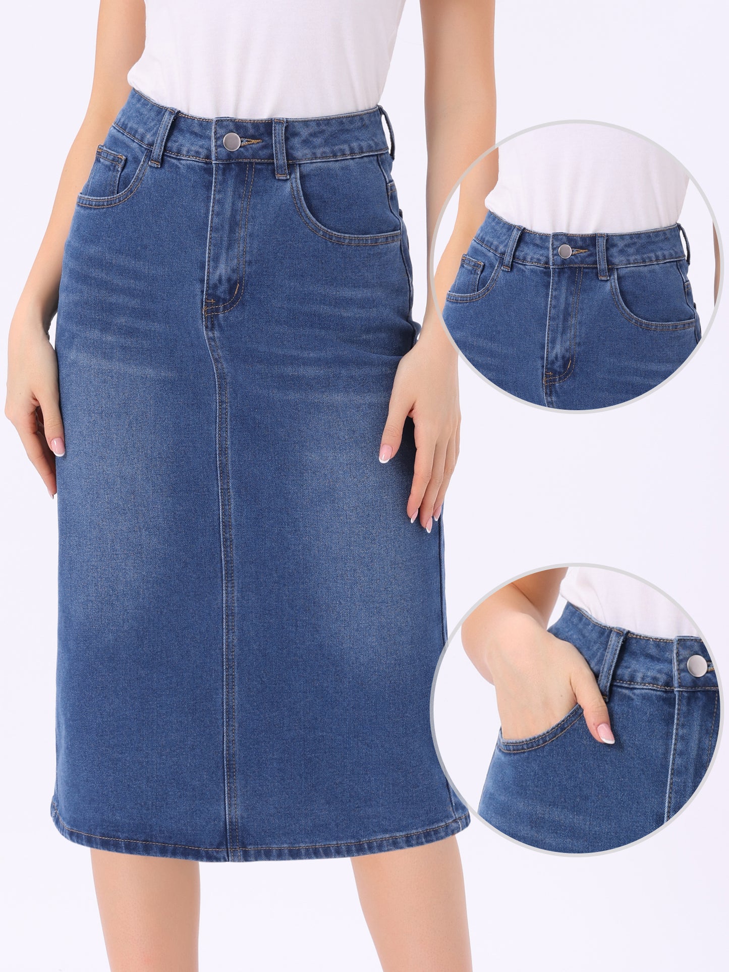 Women's Casual Denim Skirt High Waist Split Back Pockets Midi Jean Skirt