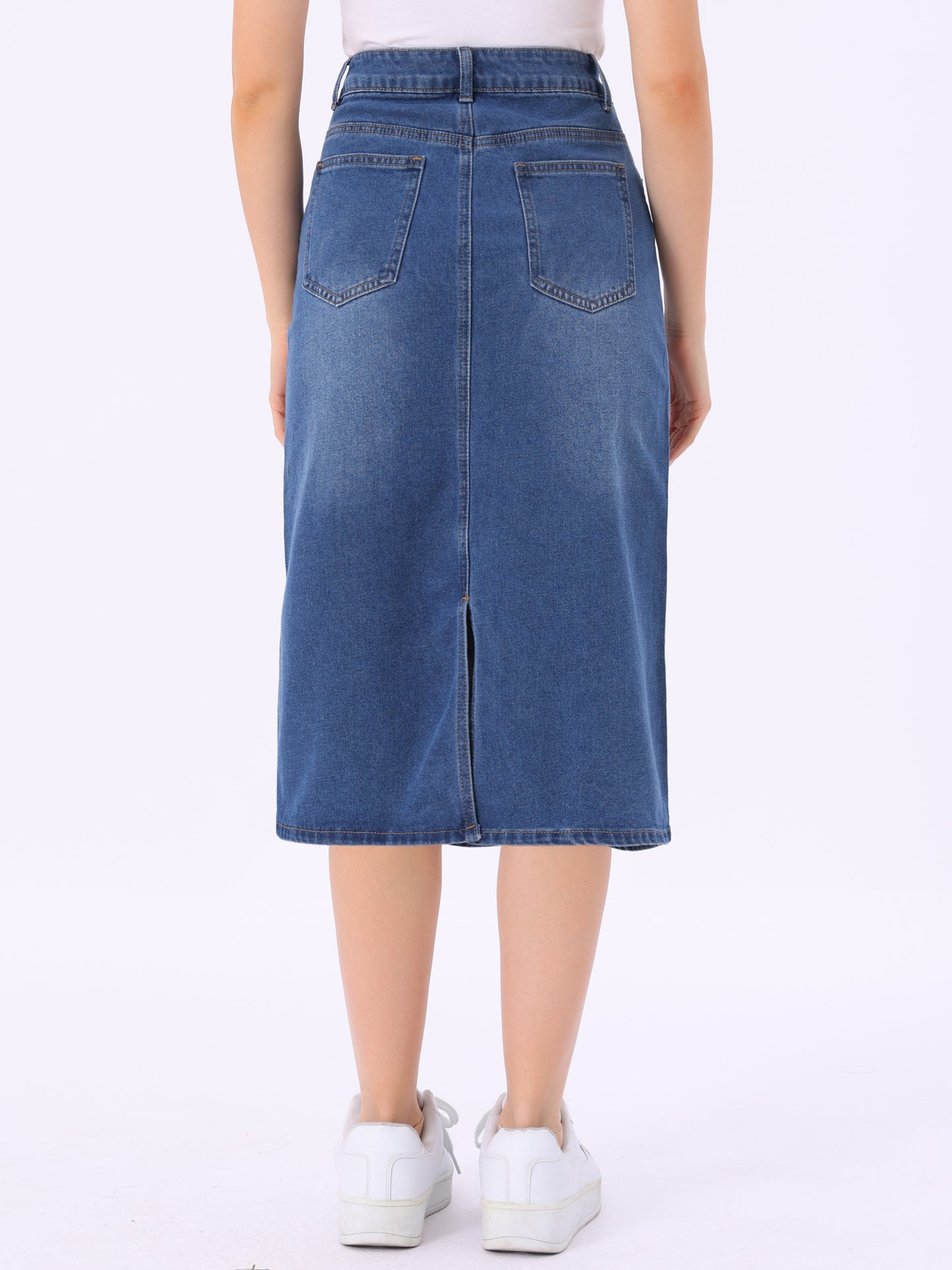 Women's Casual Denim Skirt High Waist Split Back Pockets Midi Jean Skirt