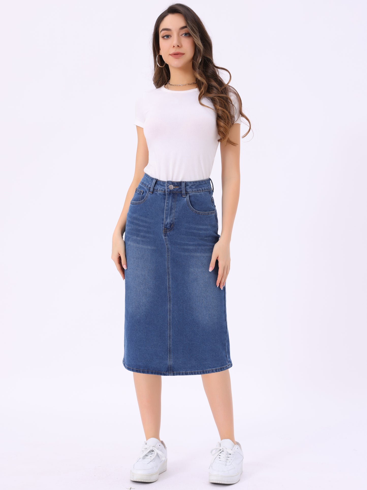 Women's Casual Denim Skirt High Waist Split Back Pockets Midi Jean Skirt