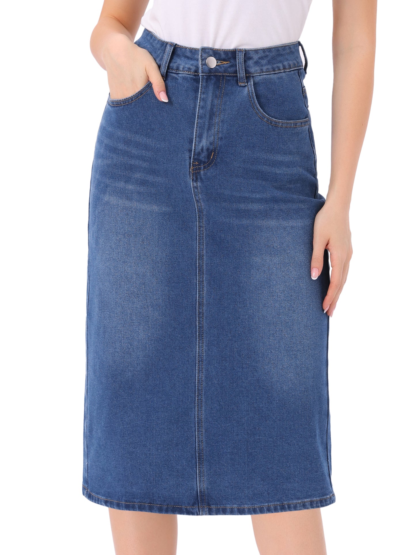 Women's Casual Denim Skirt High Waist Split Back Pockets Midi Jean Skirt