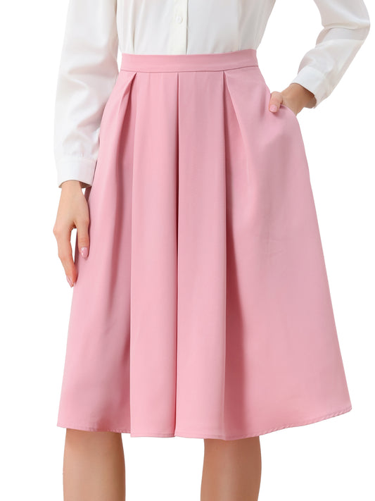 Women's High Waist A-Line Flare Pleated Knee Length Skirt with Pocket