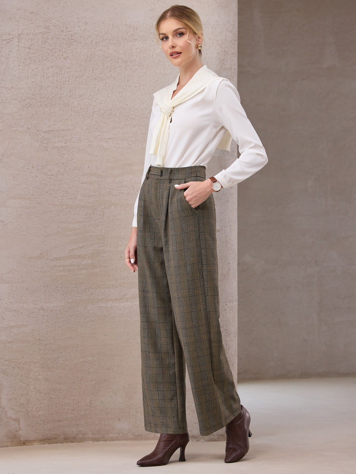Women's Plaid Work Pant Vintage Houndstooth Wide Leg Straight Long Trousers