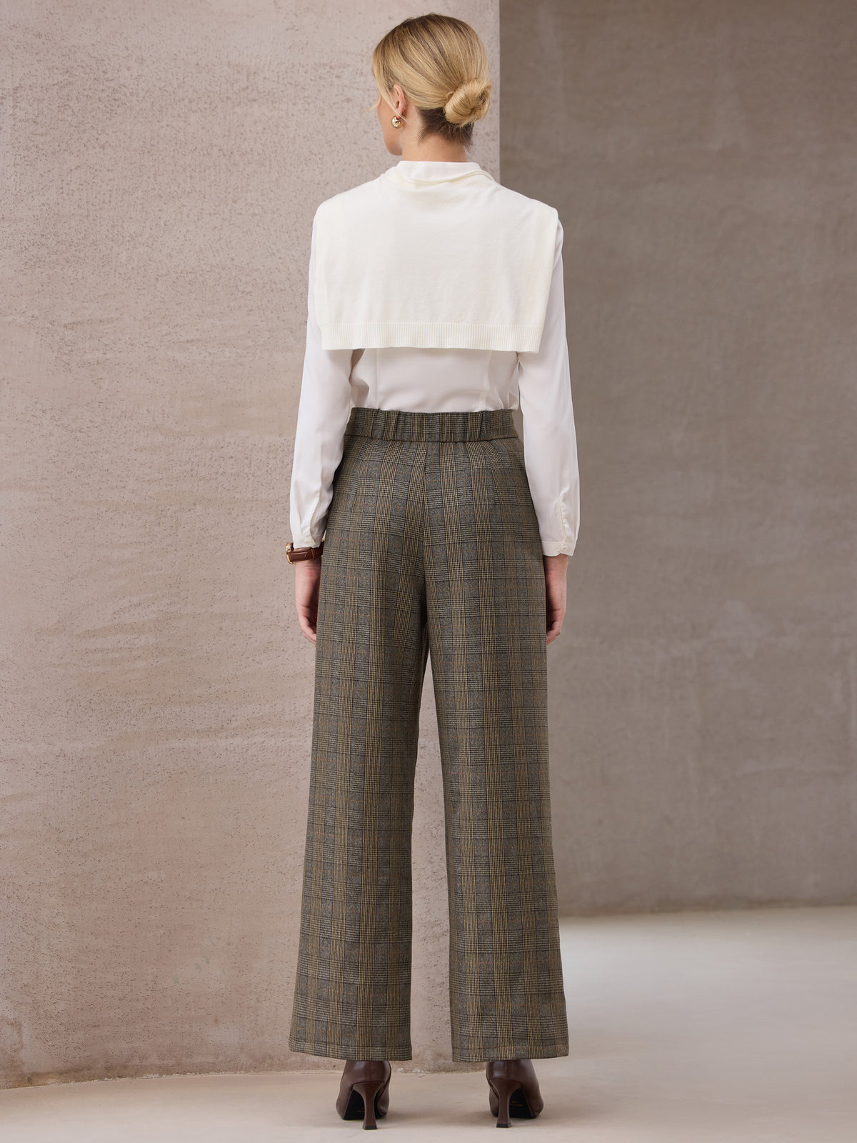 Women's Plaid Work Pant Vintage Houndstooth Wide Leg Straight Long Trousers