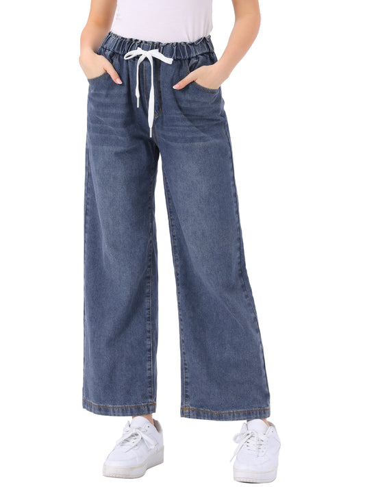 Women's Casual Denim Pants Baggy Drawstring Elastic Waist Wide Legs Jeans