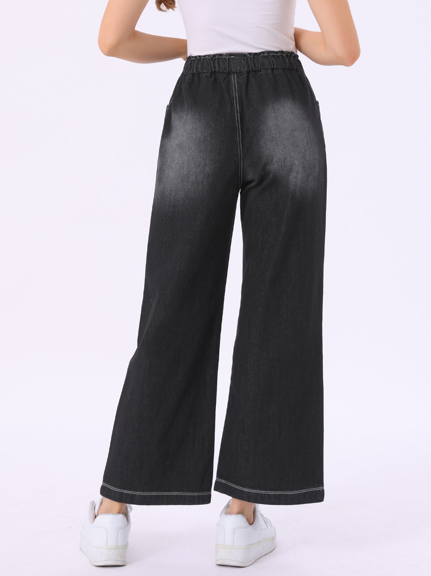 Pantalones vaqueros casuales para mujer, holgados, con cordón ajustable, cintura elástica y piernas anchas.
