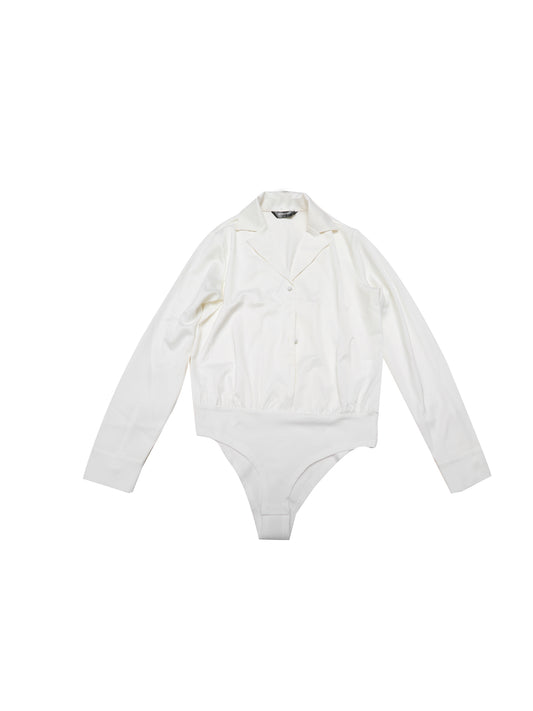 Women's Button Up Leotard Shirt Satin Long Sleeve Notched Lapel Business Work Bodysuit
