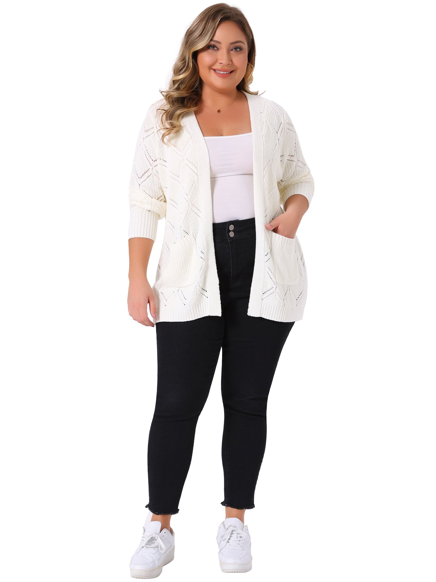Women's Plus Size Open Front Long Sleeve with Pockets Knit Cardigans