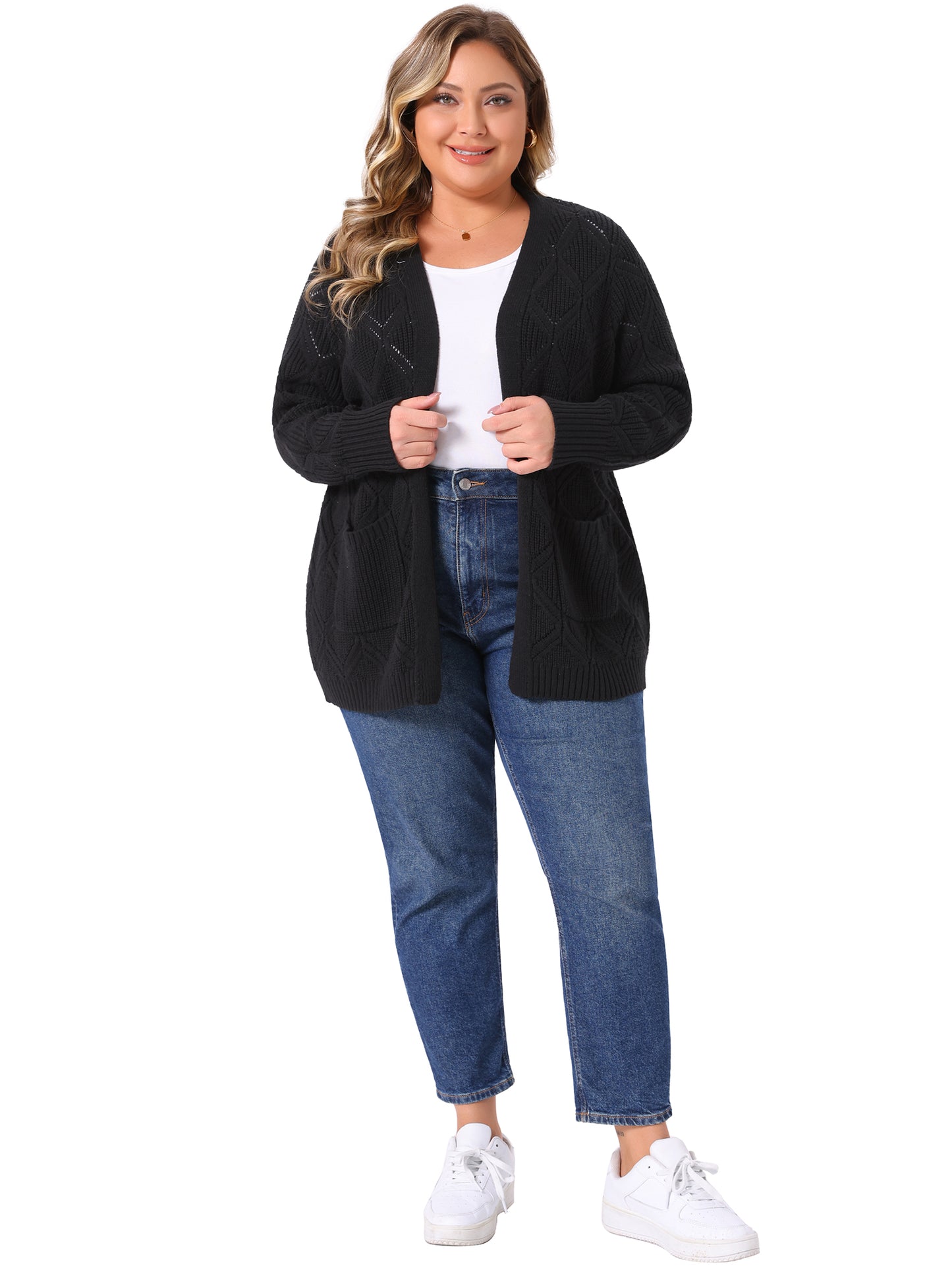 Women's Plus Size Open Front Long Sleeve with Pockets Knit Cardigans