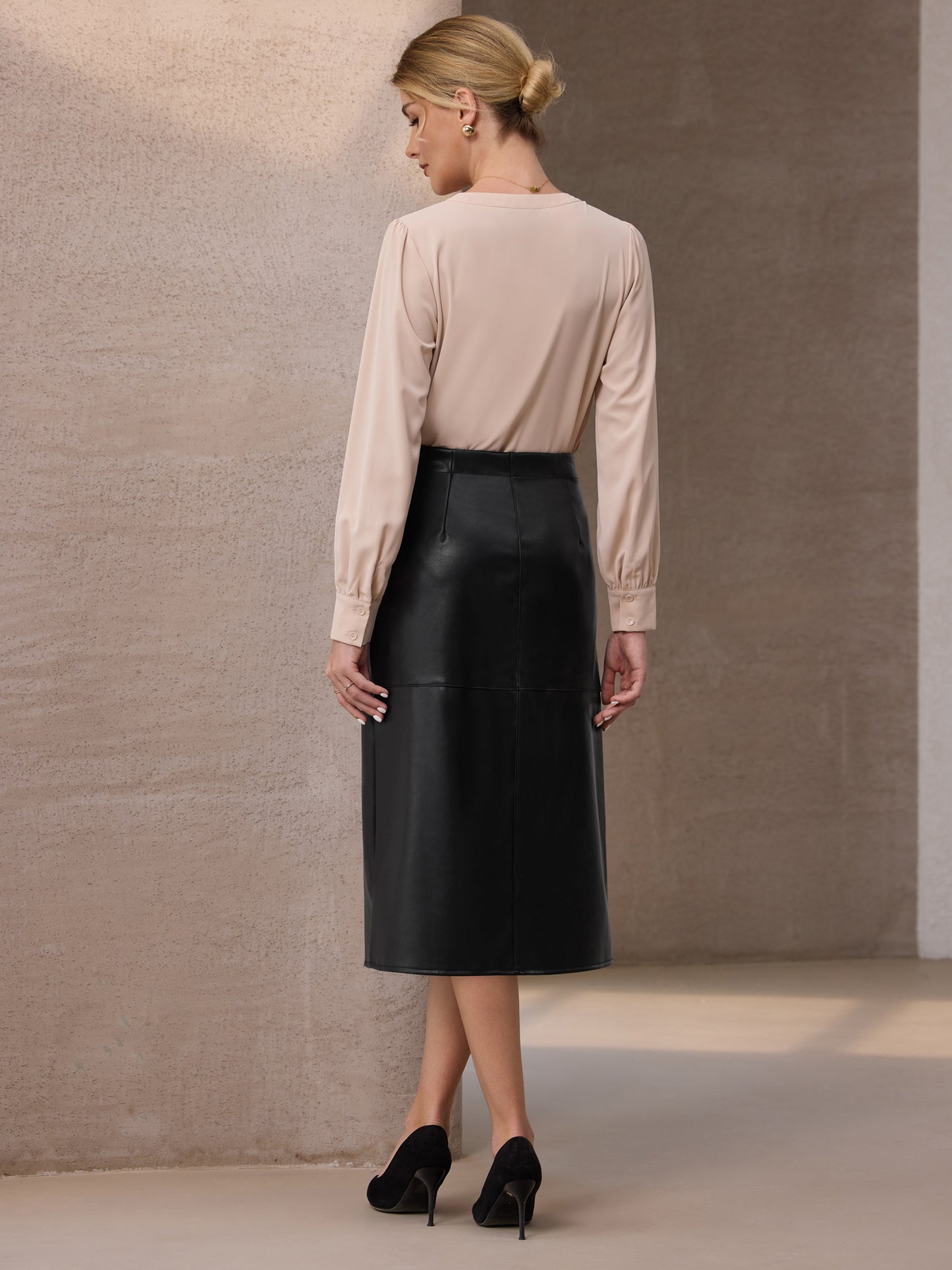 Women's Faux Leather PU High Waist Business Casual Knee Length Skirt