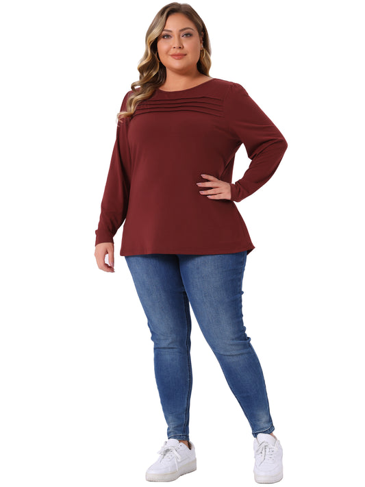 Women's Plus Size Long Sleeve Top Crew Neck Front Tucks Detail Blouse