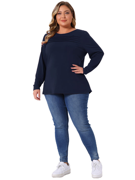 Women's Plus Size Long Sleeve Top Crew Neck Front Tucks Detail Blouse