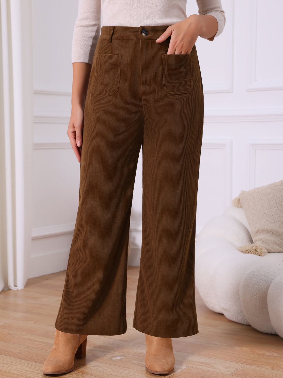 Women's Corduroy Pants Casual High Waisted One Buttoned Stretchy Loose Wide Leg Trousers with Pockets