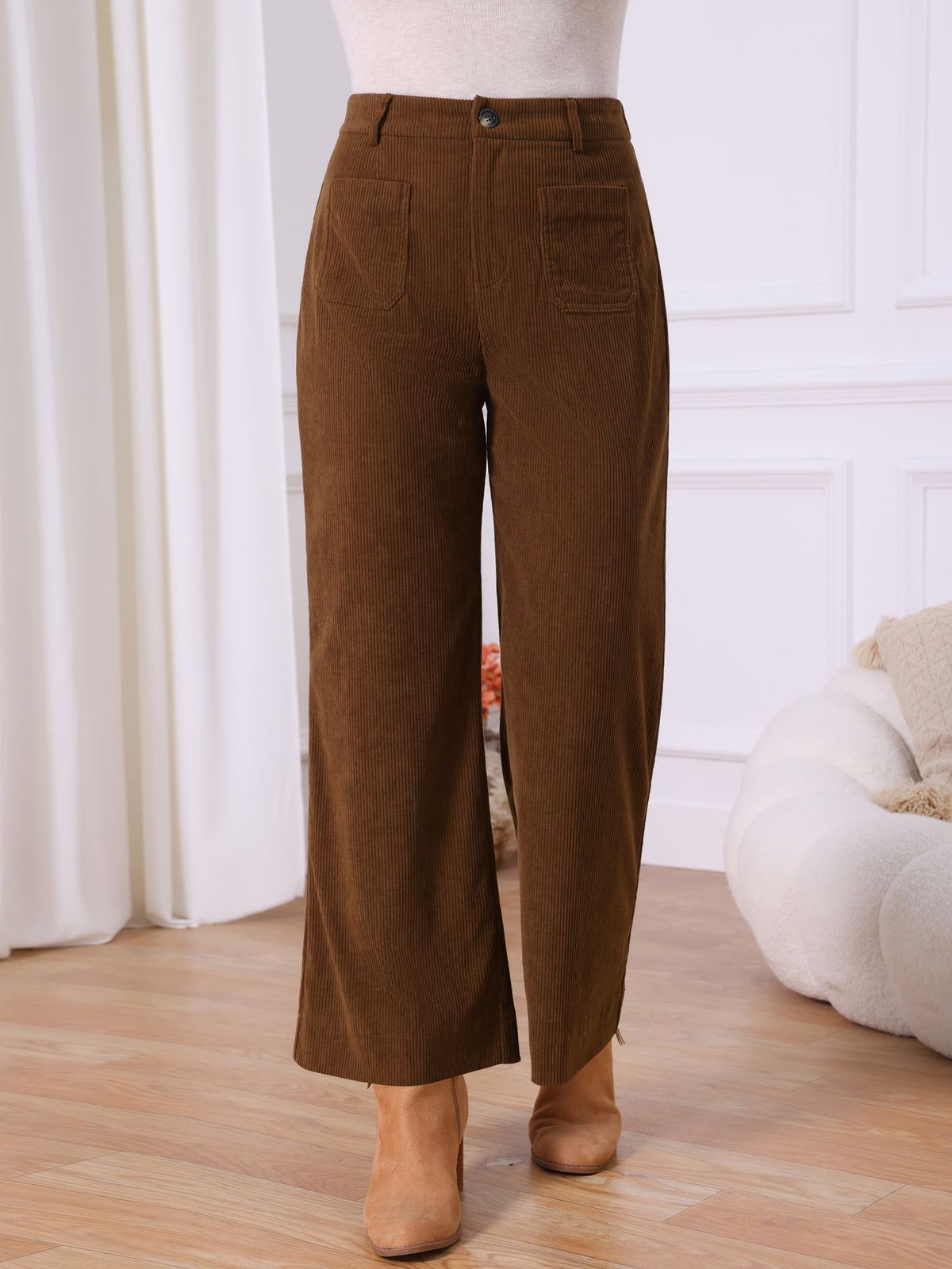 Women's Corduroy Pants Casual High Waisted One Buttoned Stretchy Loose Wide Leg Trousers with Pockets