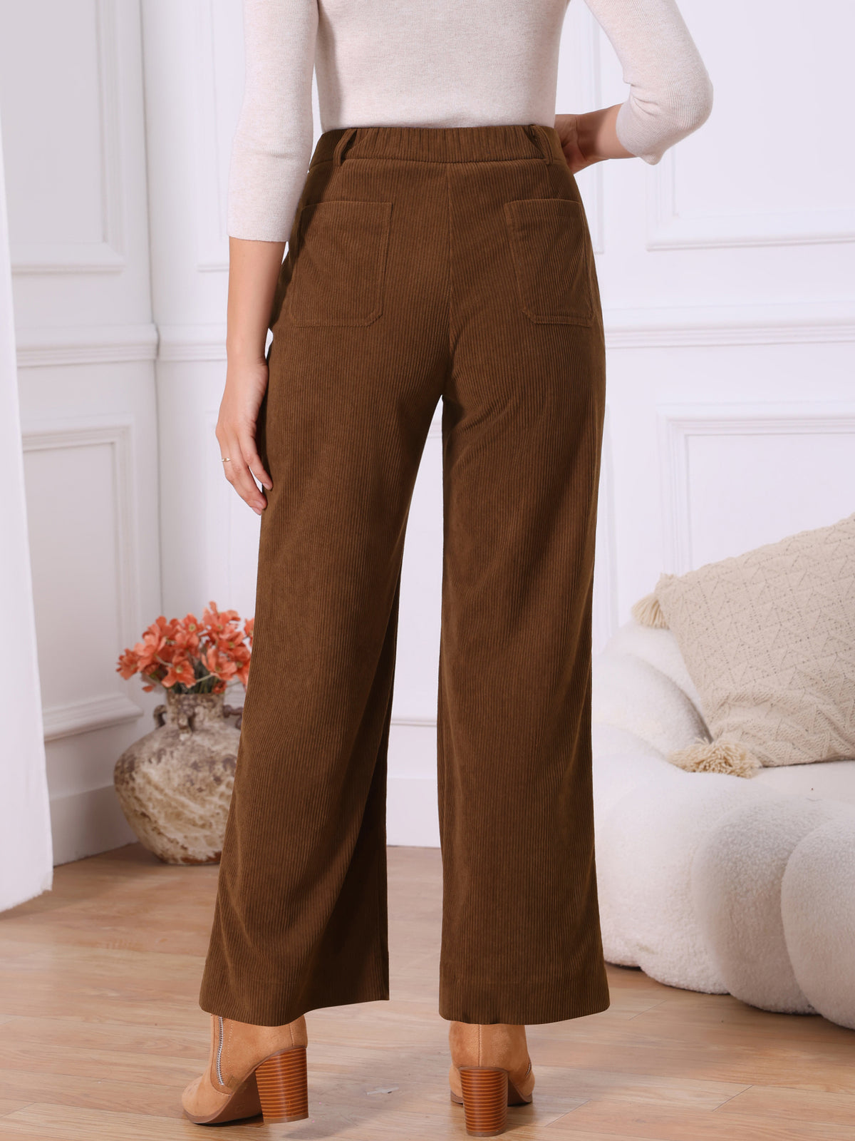 Women's Corduroy Pants Casual High Waisted One Buttoned Stretchy Loose Wide Leg Trousers with Pockets