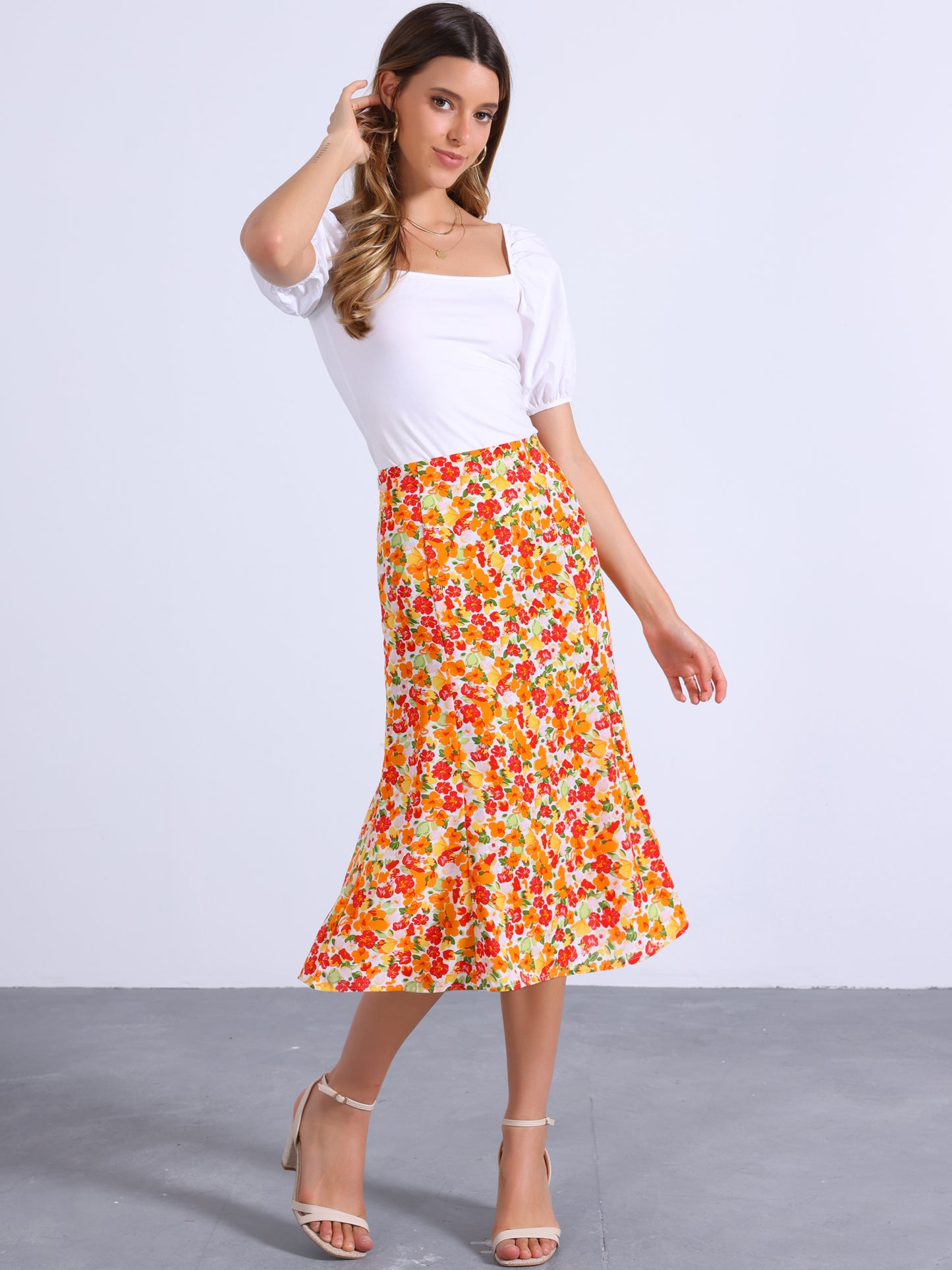 Women's Floral Midi Skirt Peasant Elastic Waist A-Line Ditsy Printed Skirts