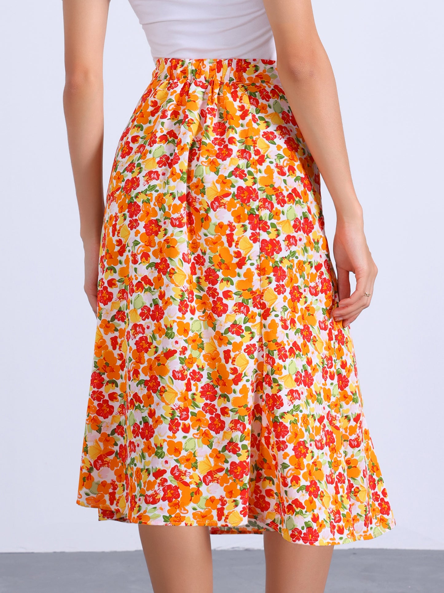 Women's Floral Midi Skirt Peasant Elastic Waist A-Line Ditsy Printed Skirts