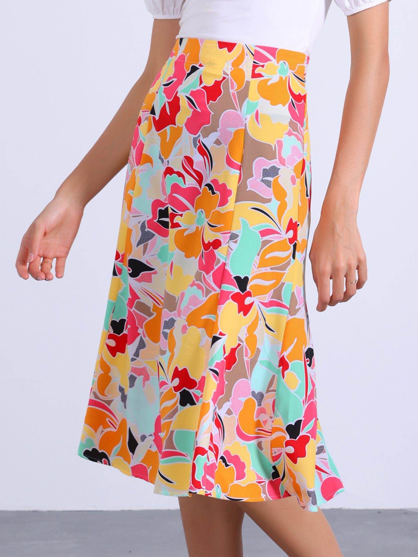 Women's Floral Midi Skirt Peasant Elastic Waist A-Line Ditsy Printed Skirts